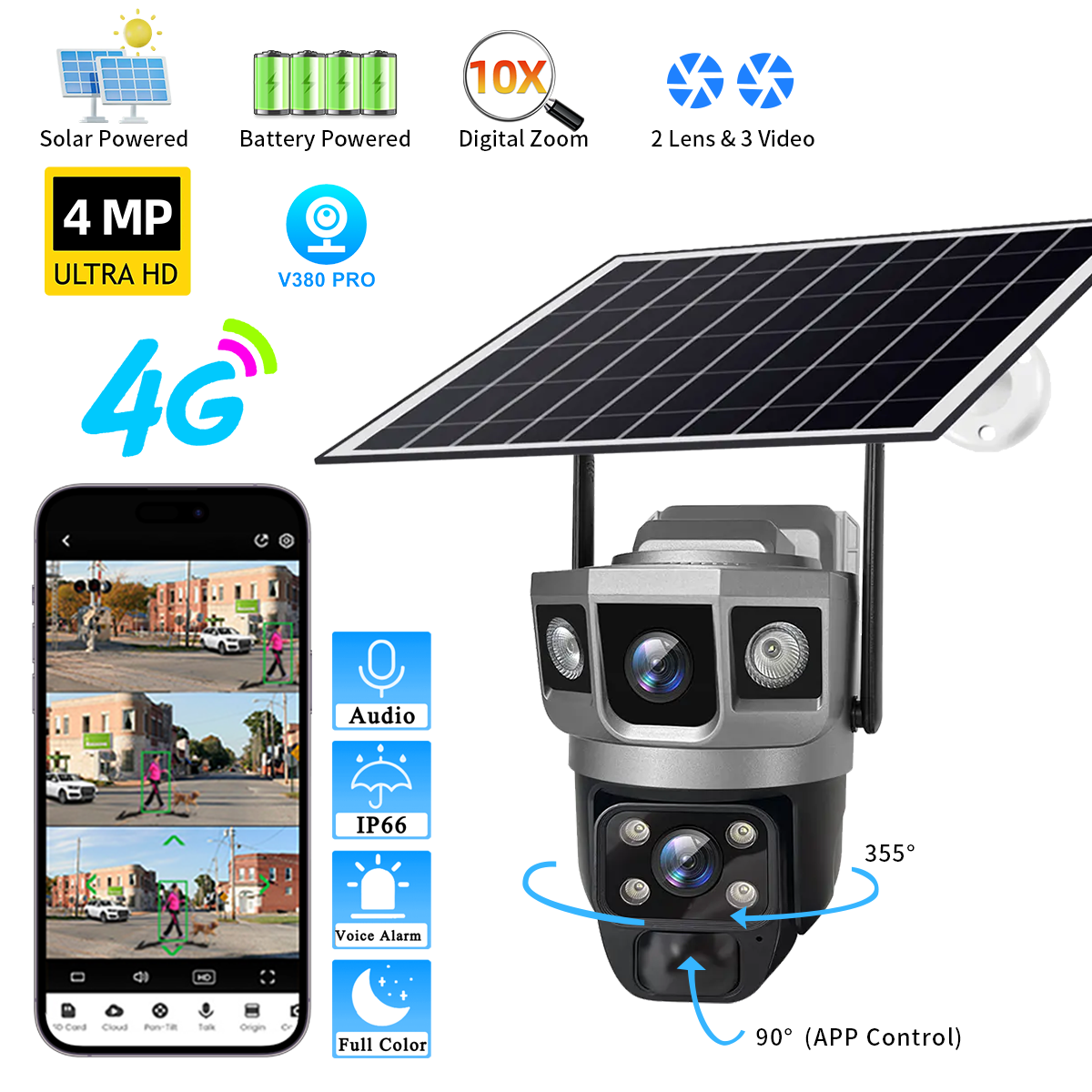 Solar Camera 4G Sim Card Dual Lens Cameras PIR CCTV Security Protection V380