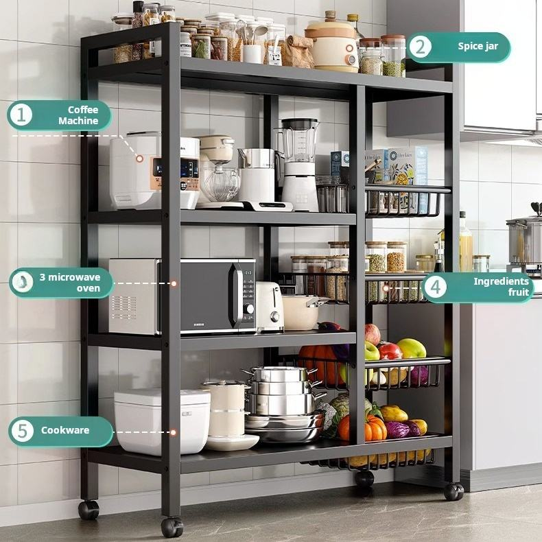 Kitchen Metal Carbon Steel Storage Rack Floor-standing Four-Tier