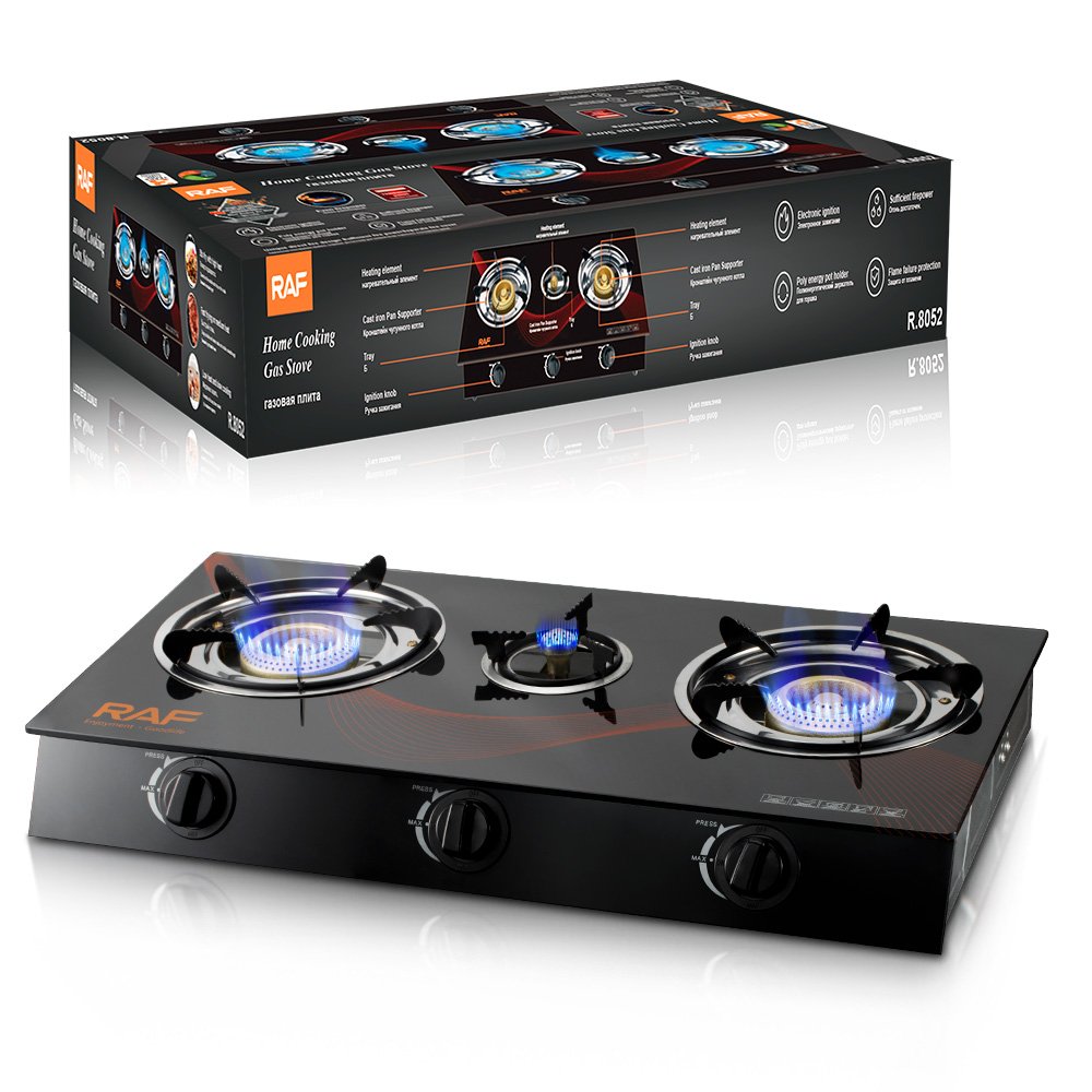 Raf Triple Gas Stove Burner  With Auto Ignition With Glasstop - Black