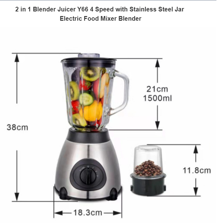 1.5L 2 in 1 Electric Glass Blender With  Glass Grinder - Silver