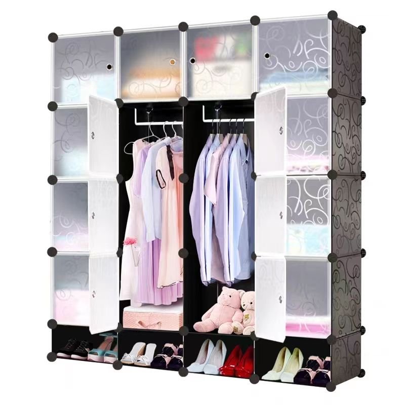 4 Column Elegant Plastic Wardrobe With Shoe Storage Not Assembled - Black