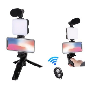 Video Making, Vlogging Kit Bluetooth Remote, Mic, Mini Tripod Stand, LED Light & Phone Holder Clip