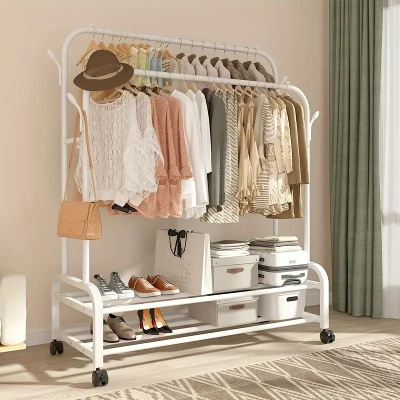Double -rail clothes garment rack with storage shelvels and wheels