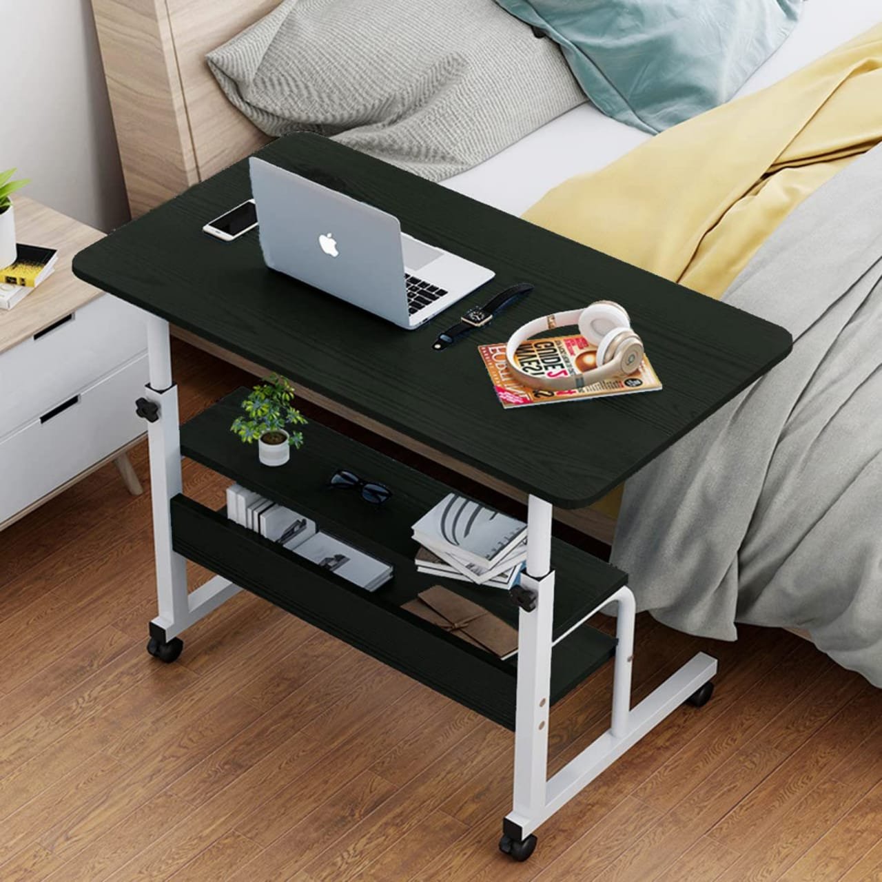 Laptop Table Height Adjustable, Side Table with Wheels, Bedside Table,