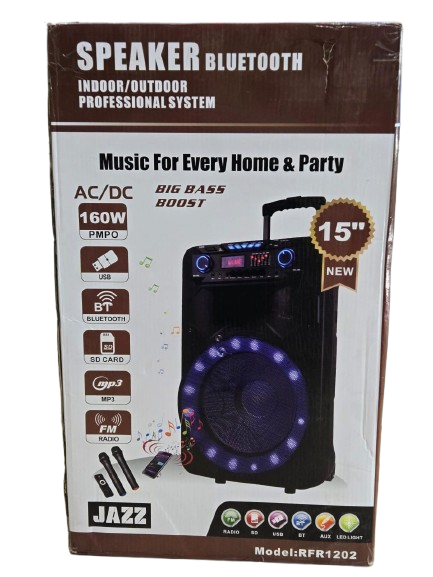 15 Inch Jazz Amplified Professional Bluetooth Speaker System With USB, Fm Radio, Two Microphone