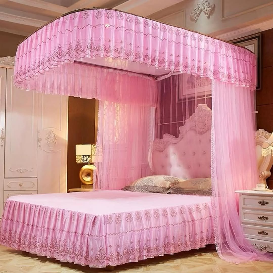 5x6 Two Stand Railed Mosquito Net - Pink, Top Design May Vary