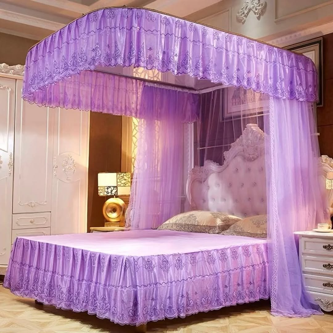 5x6 Two Stand Railed Mosquito Net - Purple , Top Design May Vary