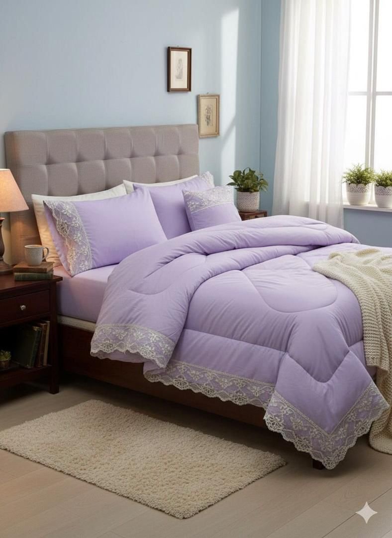 6x6 6pcs Laced Duvet Set With 1 Bedsheet, 2pillowcases,  2 Cushion Covers - Purple