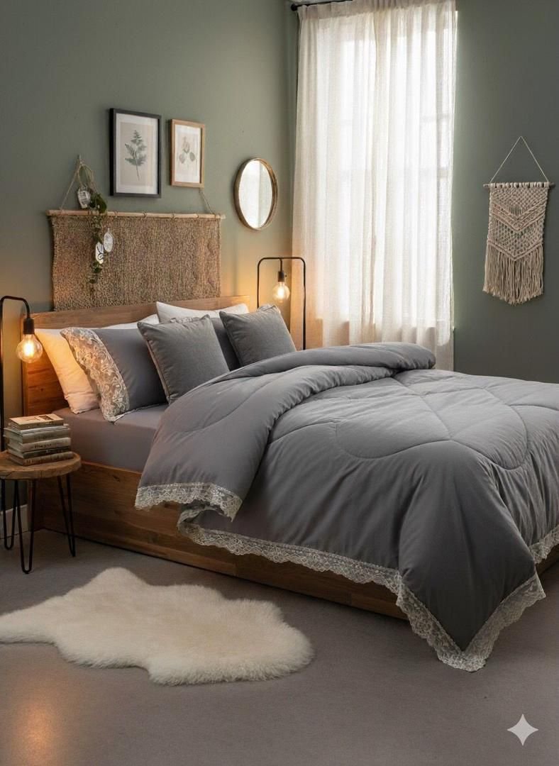 6x6 6pcs Laced Duvet Set With 1 Bedsheet, 2pillowcases,  2 Cushion Covers - Grey