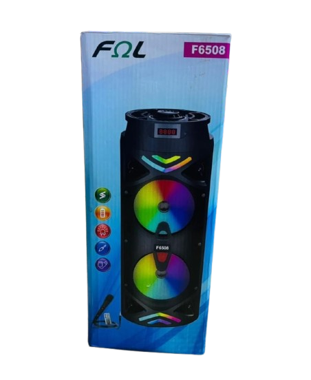 FQL- 6508, Rechargeable Portable Speaker With Bluetooth, FM Radio, USB Port DC 5v, Equalizer, AUX Input, TF Card, And Wired Microphone - Black