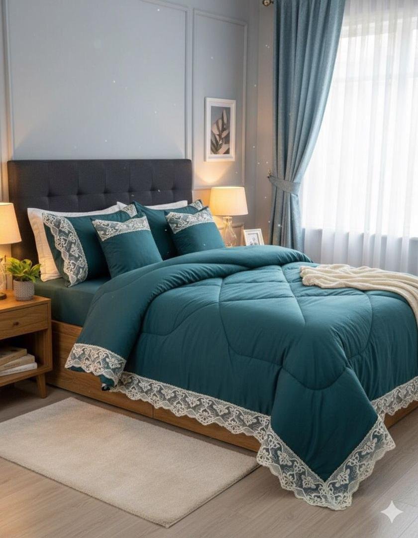 6x6 6pcs Laced Duvet Set With 1 Bedsheet, 2pillowcases,  2 Cushion Covers - Green