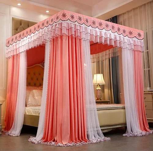 6x6 4 Stand Curtain Mosquito Net for Beds - Pink/White