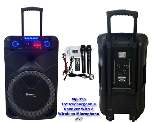 SMARTplus MP-015 15-Inch Rechargeable Speaker – Professional Audio System with 2 Wireless Microphones