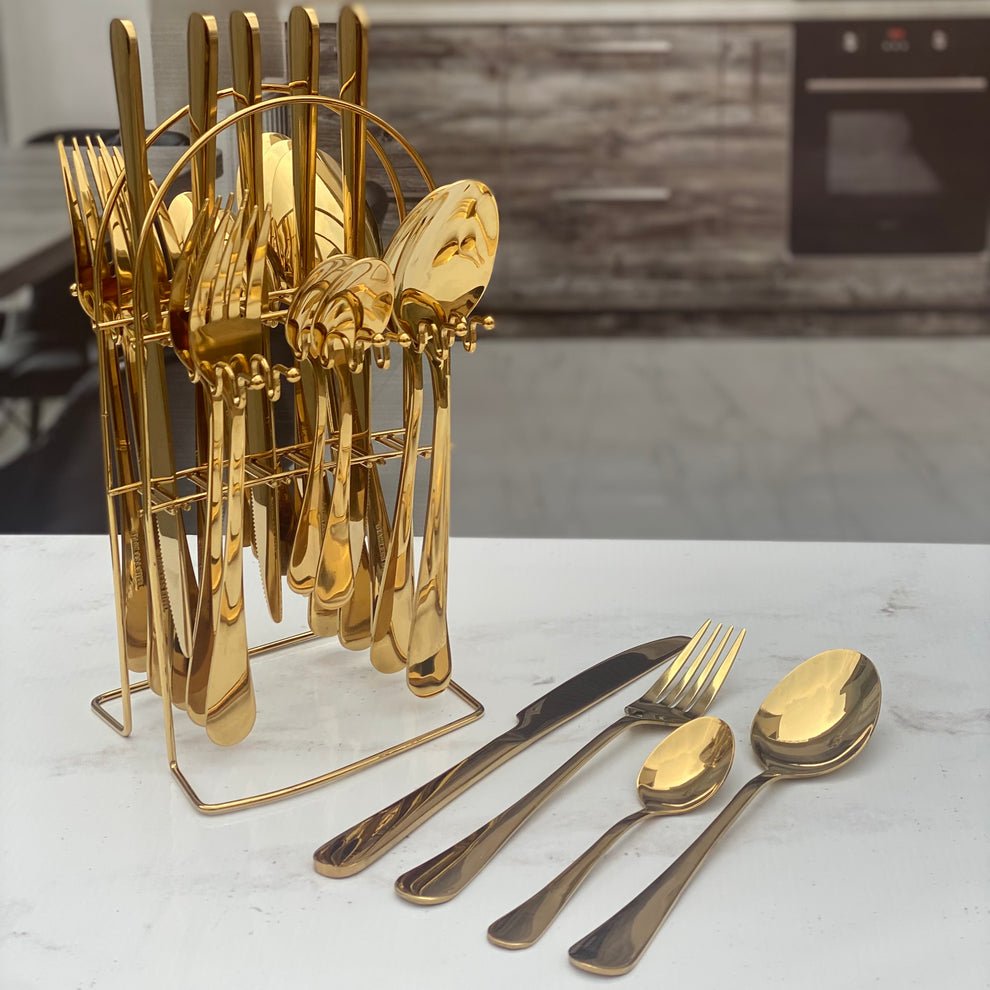 Original Cutlery Set (24Pcs) Stainless Steel With Stand - Gold