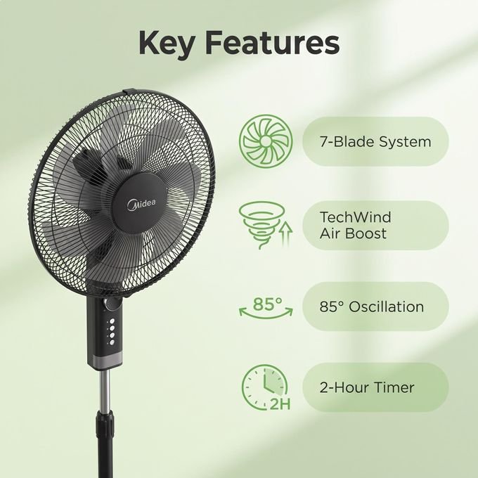 Midea FS40-23MT 16-Inch Pedestal Stand Fan – 7 Blades, 50W, 2H Timer