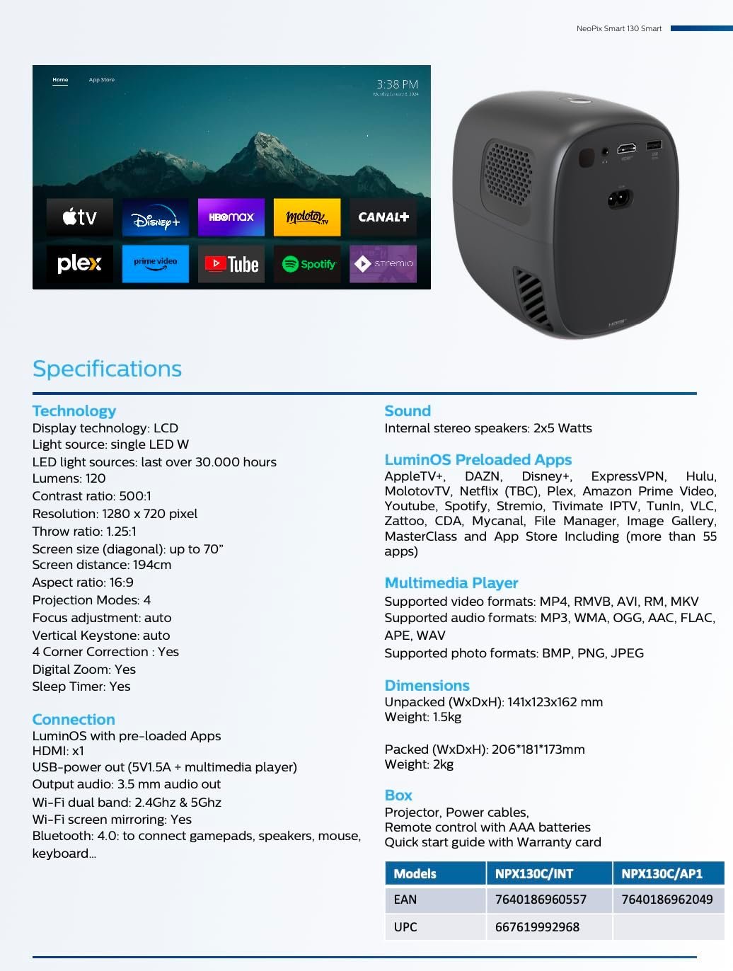 Philips NeoPix 130 Projector – HD 720p LED Home Cinema with Wi-Fi Mirror Mode