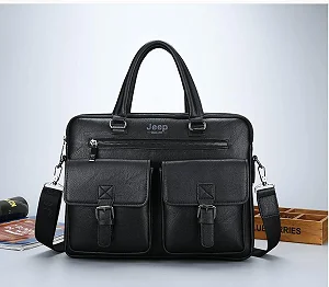 Jeep Buluo 14-Inch Black Leather Laptop Briefcase
