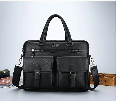 Jeep Buluo 14-Inch Black Leather Laptop Briefcase