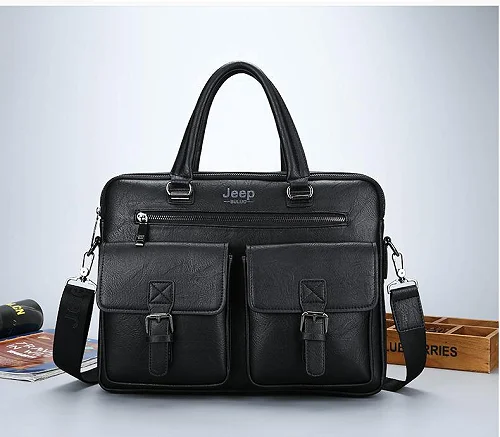 Jeep Buluo 14-Inch Black Leather Laptop Briefcase