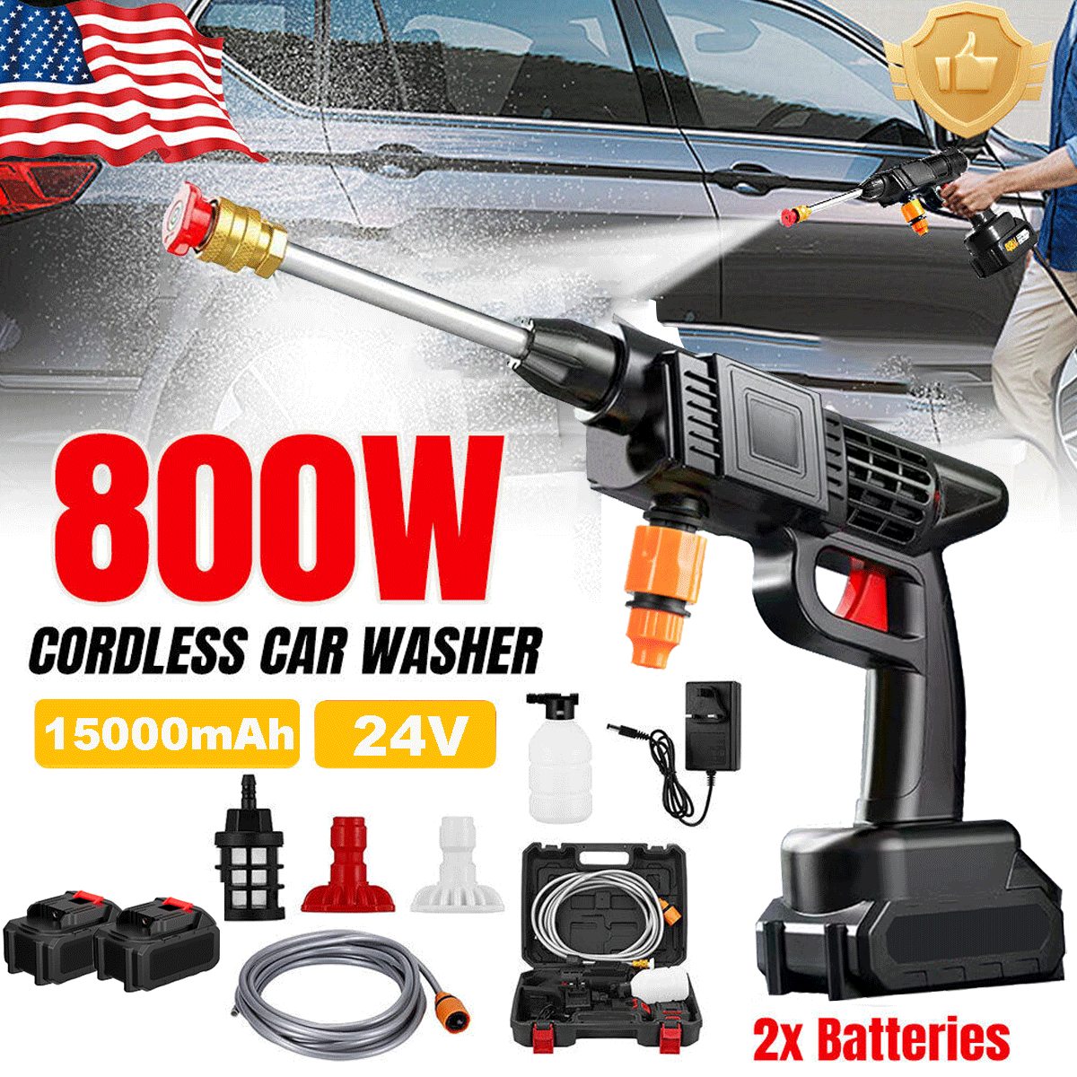 48V Battery Wireless Car Wash Gun Cordless High Pressure Portable Washer - Black