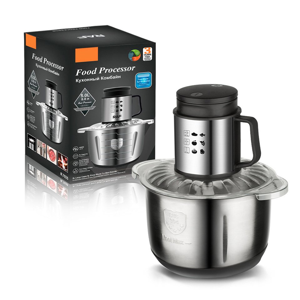 RAF R.7025A 5 Liter Stainless Steel Food Processor 1000 Watt - Black/silver