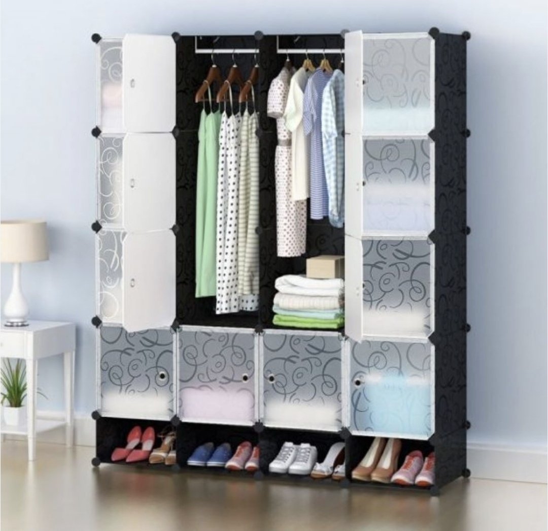 4 Column rame Portable Wardrobe Plastic Wardrobe - Black,