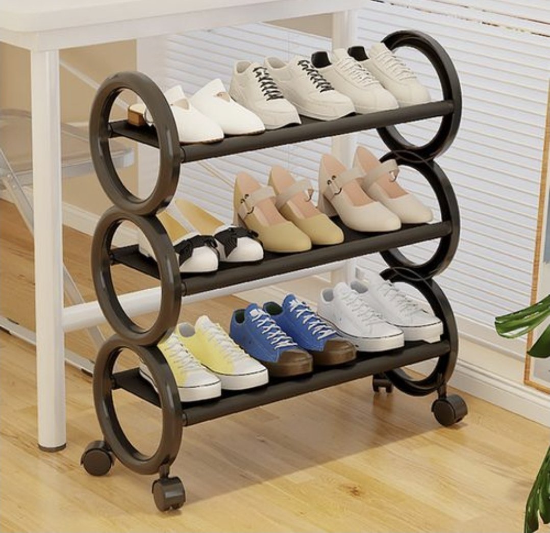 3 Layer  Plastic Shoe Rack Storage Organizer With Wheels - Black