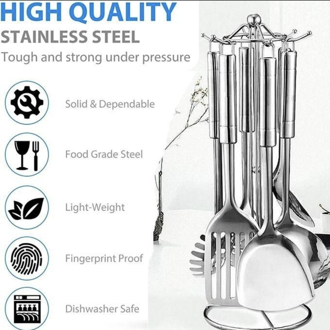 7 Piece Stainless Steel Cooking Tools Set with Holder - Silver
