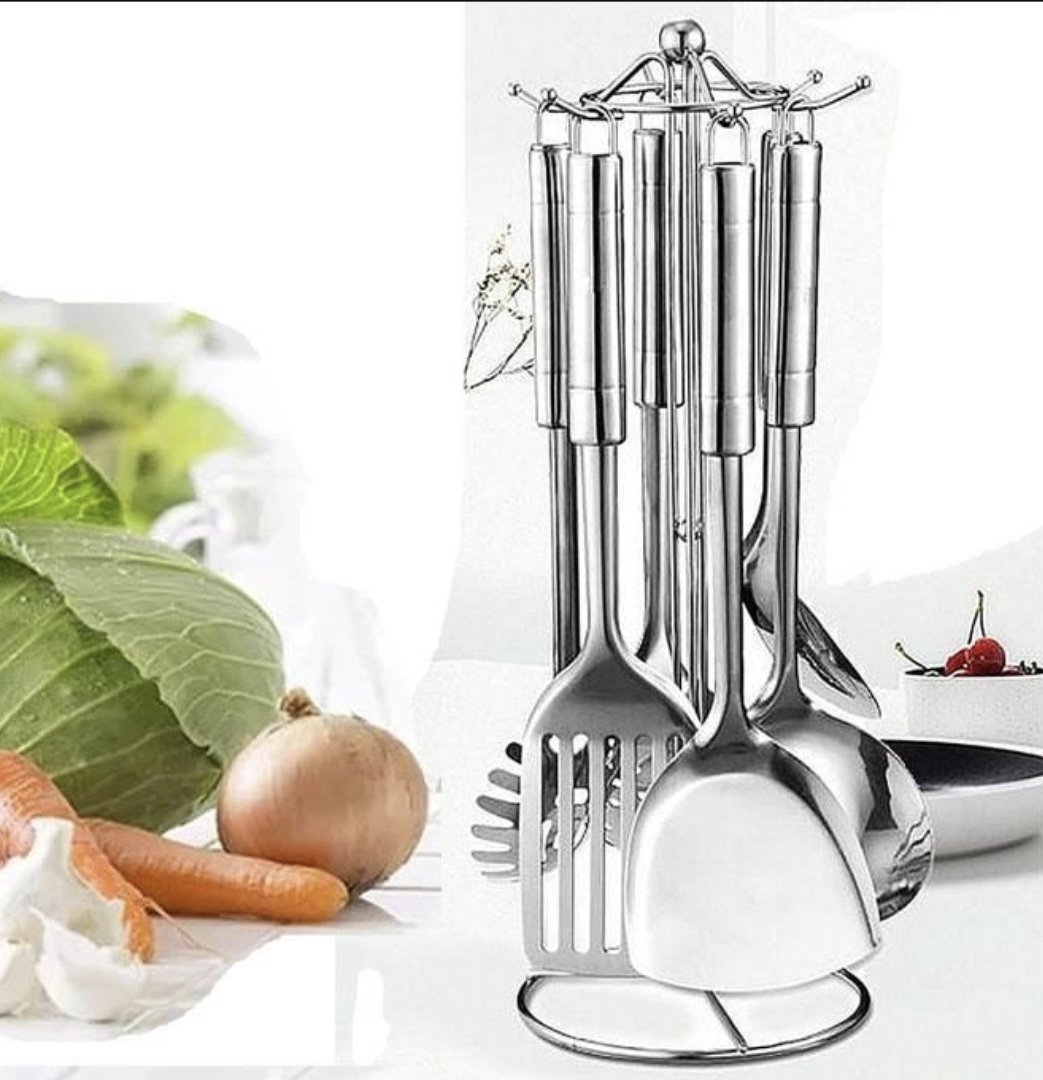 7 Piece Stainless Steel Cooking Tools Set with Rotating Holder - Silver