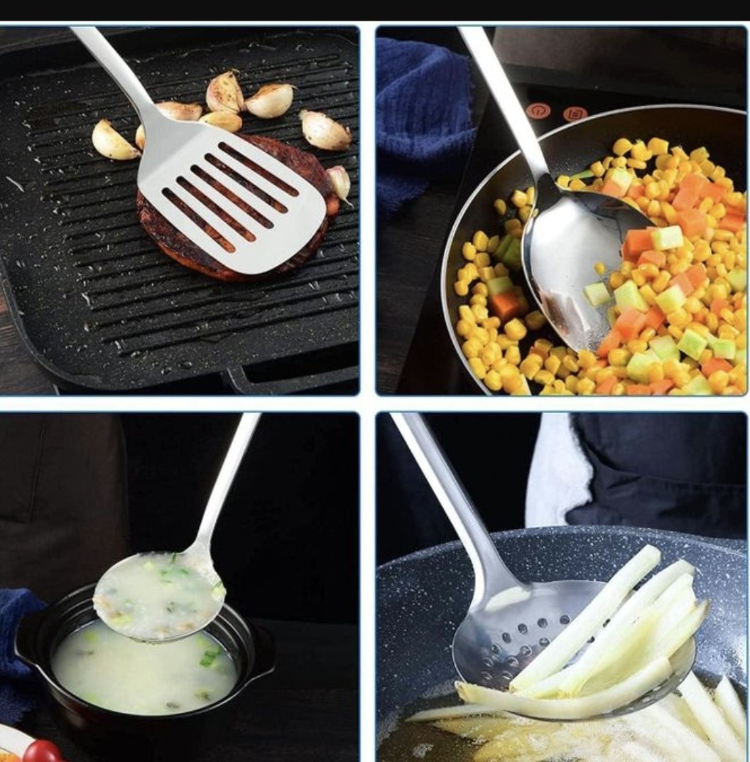7 Piece Stainless Steel Cooking Tools Set with Holder - Silver