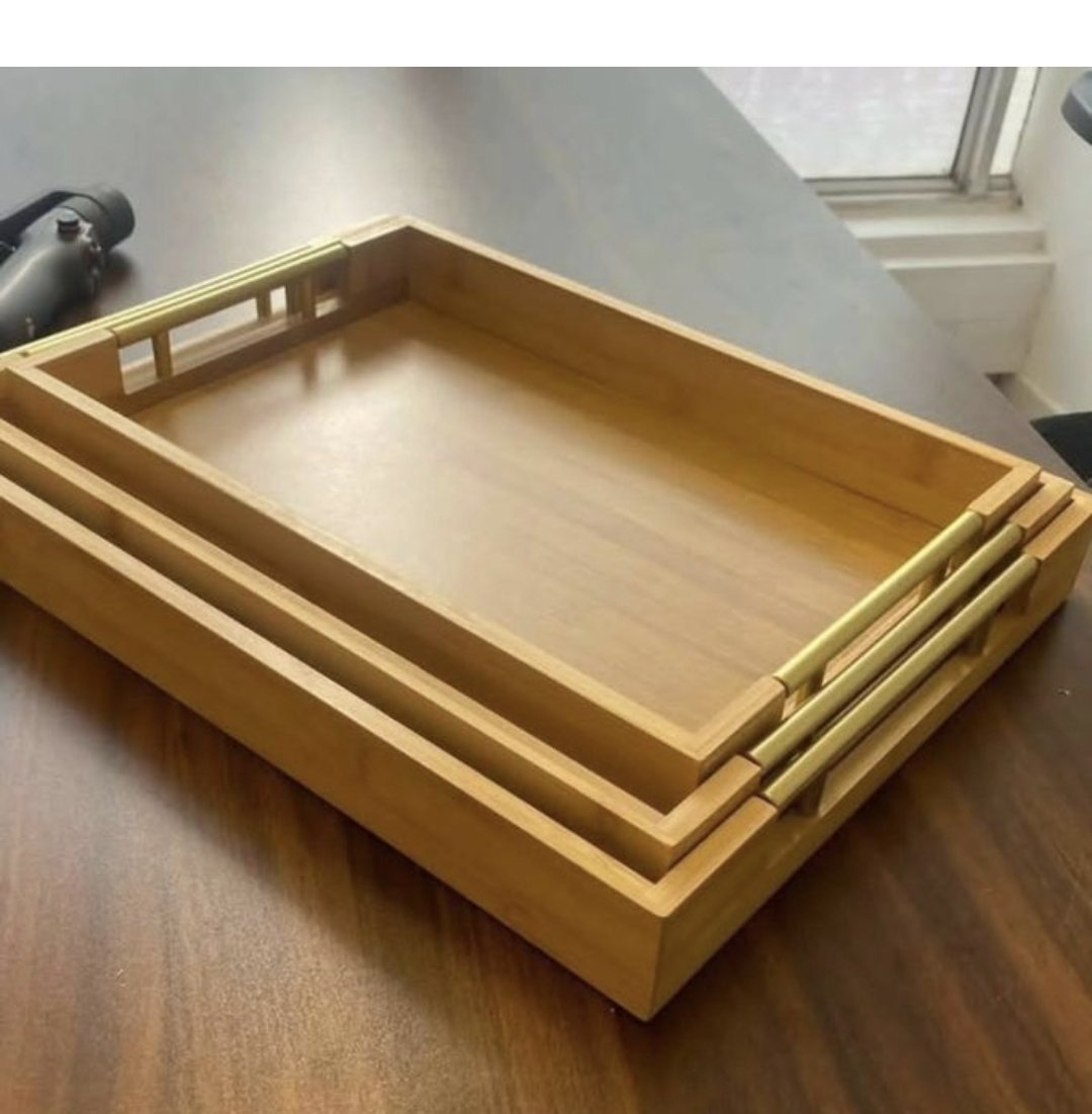 Set Of 3Pcs Bamboo Wooden Trays -Golden Handles - Brown