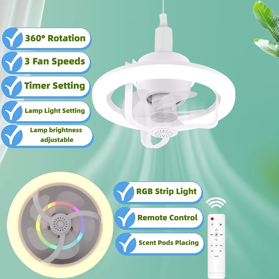 Socket Fan with Light, 360° Rotating Dimmable RGB Ceiling Fan with Remote
