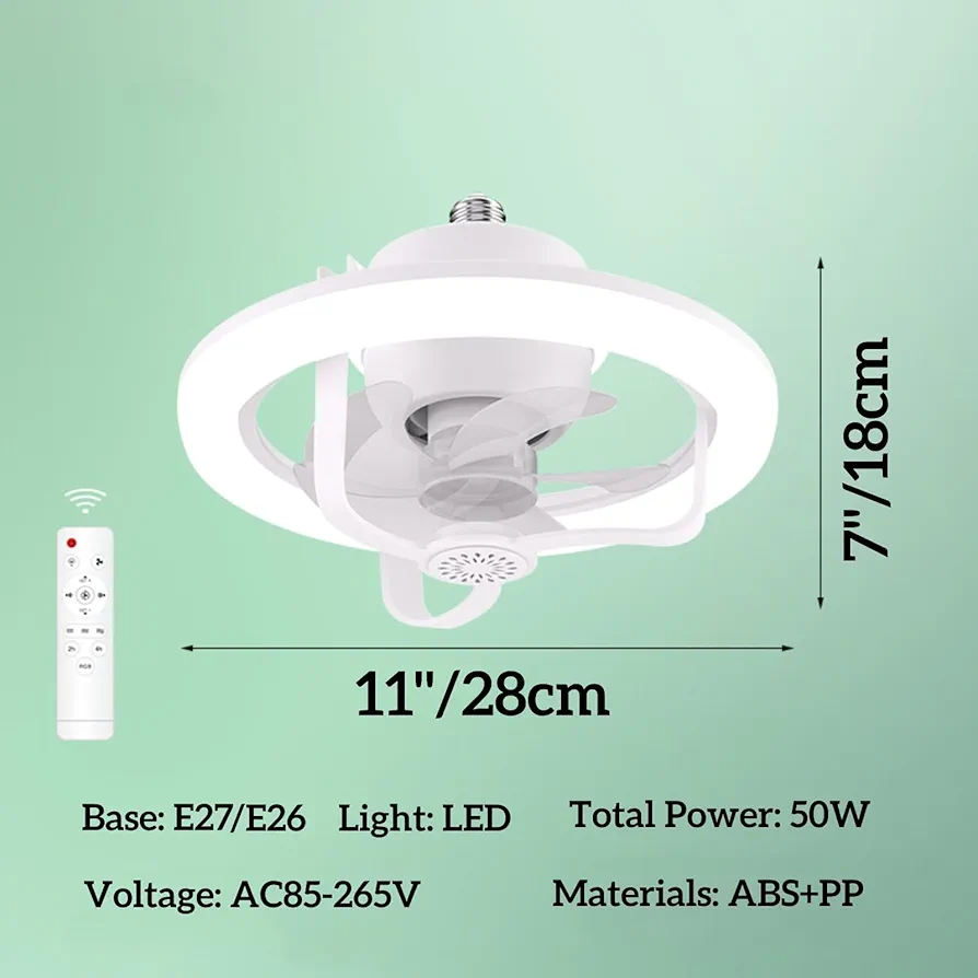 Socket Fan with Light, 360° Rotating Dimmable RGB Ceiling Fan with Remote