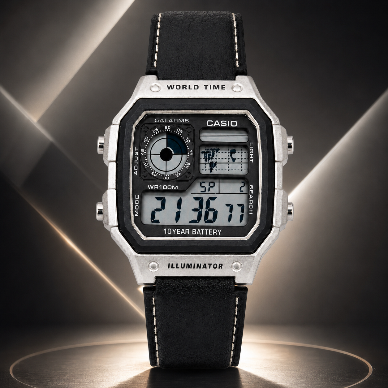 Casio AE-1200 World Time Digital Watch with Leather Strap - Black