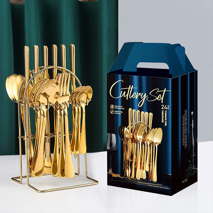 24Pcs Cutlery Set With Stand - Gold